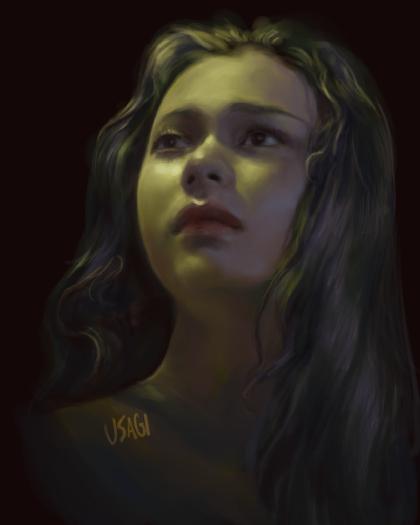 digital portrait painting of a girl looking up, lit from above by greenish light