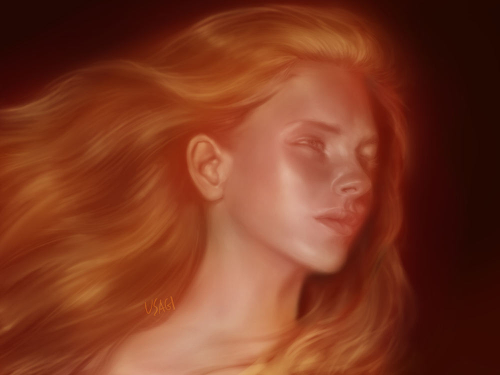 digital portrait painting of a girl with long red hair blowing in the wind on a dark background