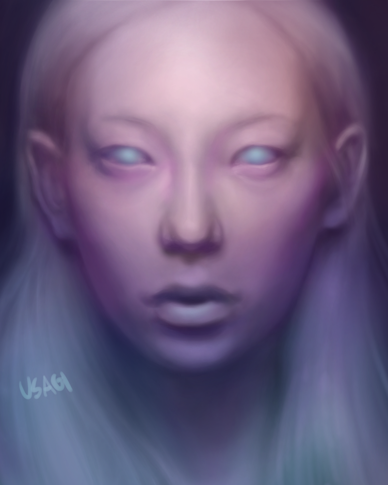 digital portrait painting of a woman's face with ghostly pale cloudy eyes